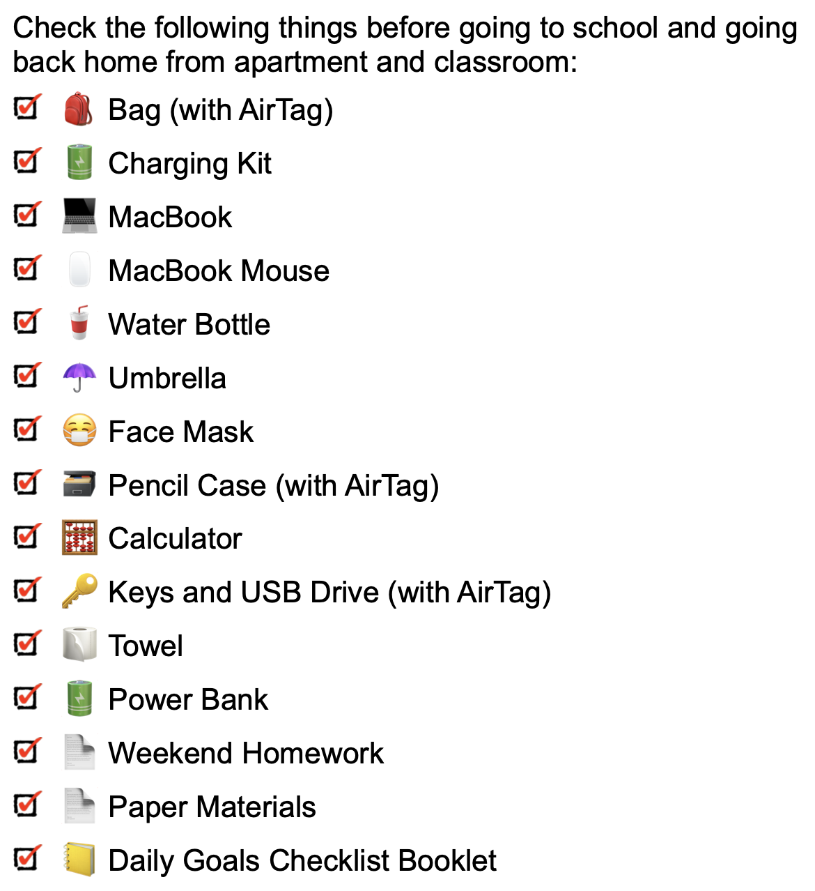 School Items Checklist