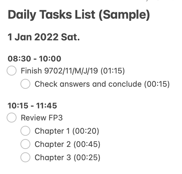 My Daily Tasks List (Sample, 2022)