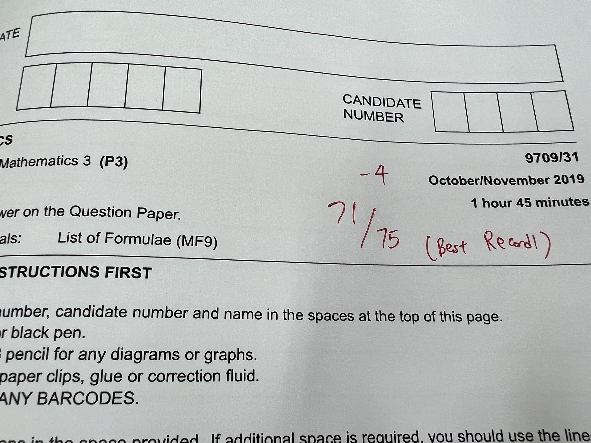 Past Paper Mark 9709/31/O/N/19