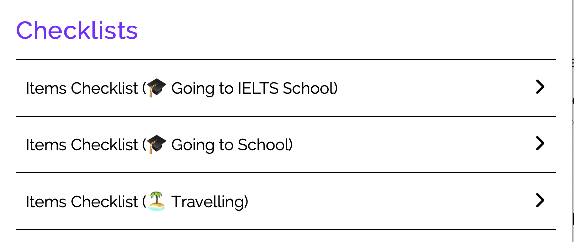 My Items Checklists on Study Planner