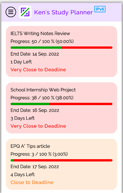 Projects Tracker on Ken's Study Planner