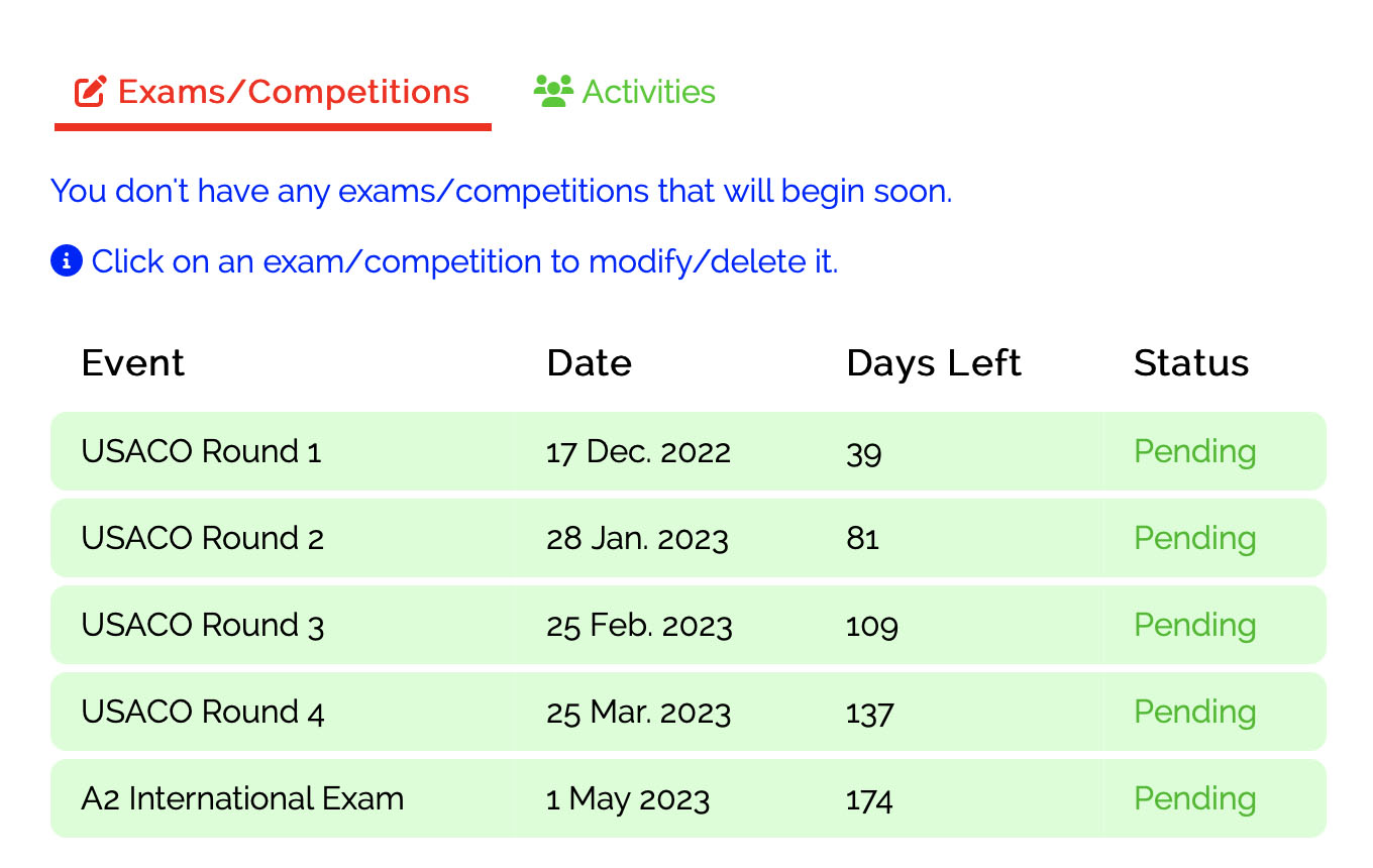 Events List on Study Planner