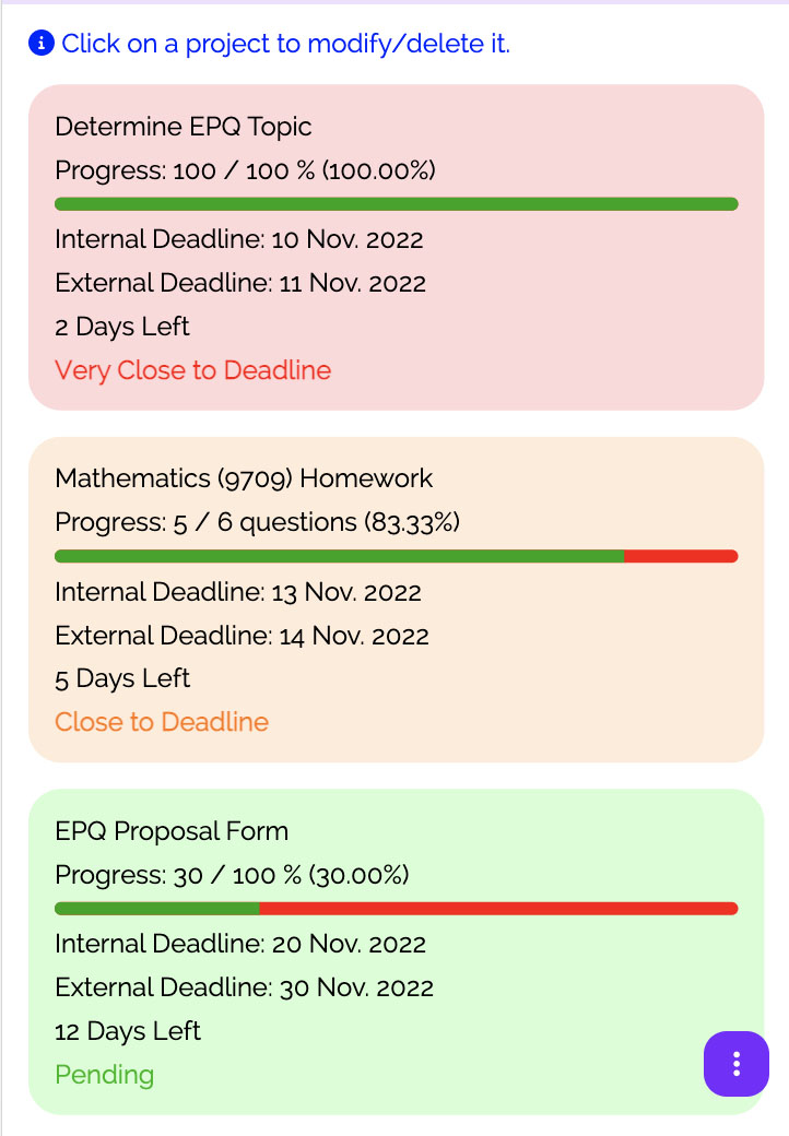 Projects/Books List on Study Planner