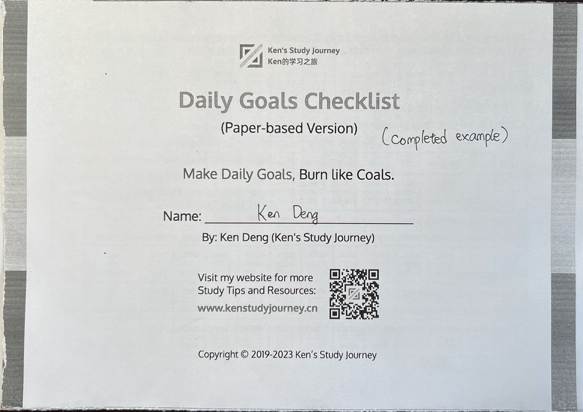 Daily Goals Checklist on an A5 Paper
