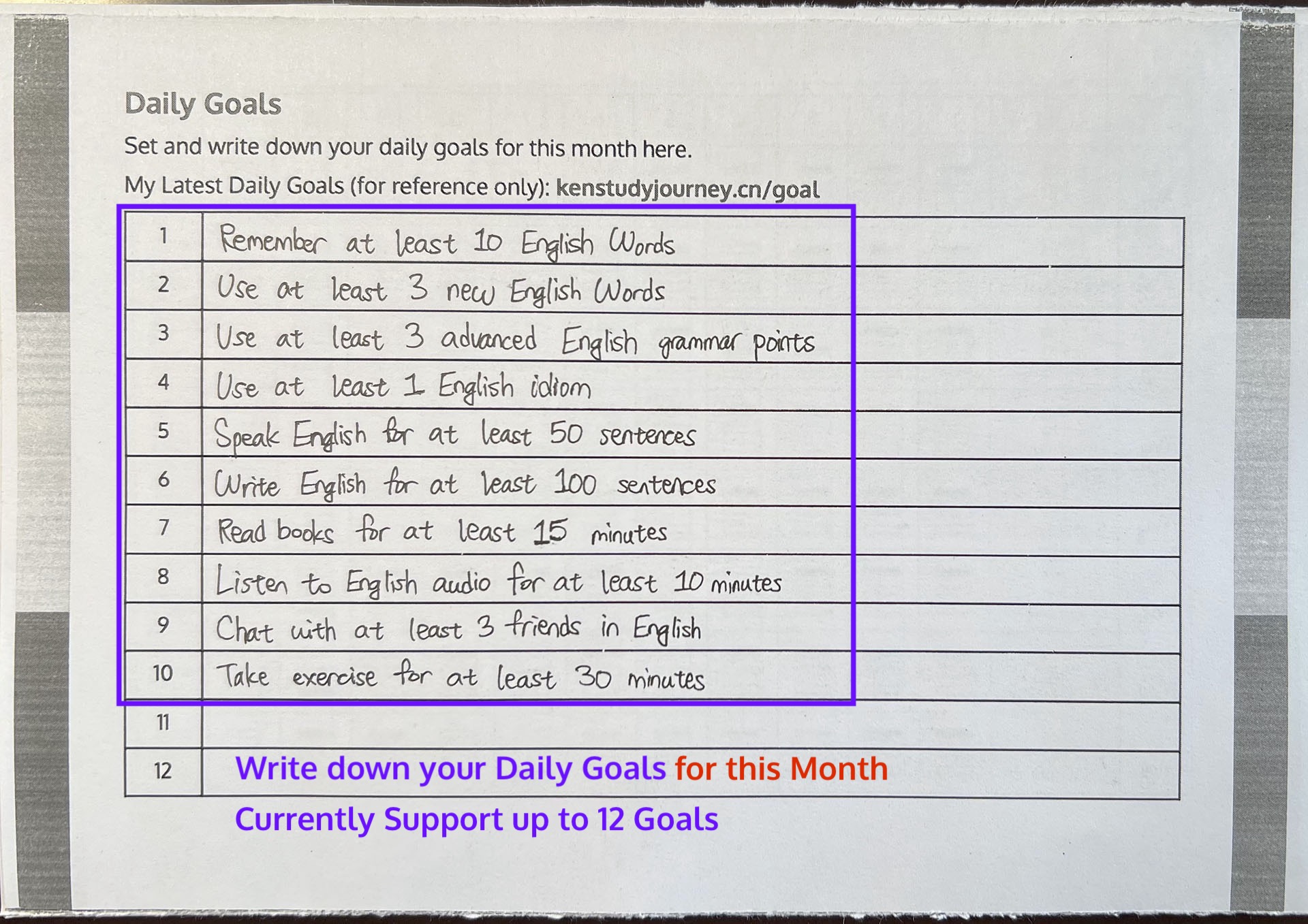 Write down Daily Goals on the Checklist