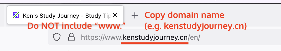在浏览器地址栏中复制"kenstudyjourney.cn"域名